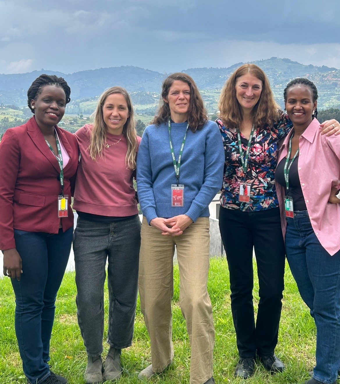 Josephine Najjuma, Skeeter Welder, Lindsey Martin, Mary Sebert, Doreen Katushabe after the completion of the Trauma Nursing Fundamentals course in Butaro, Rwanda, March 2025