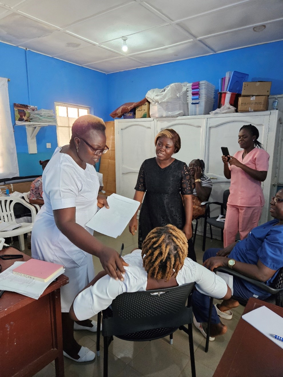 Nurse Midwifery Preceptors in the Nursing Leadership course role-playing in Makeni, Sierra Leone at the Makeni Government Hospital, October 2023